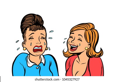 girlfriend women one cries, other laughs isolate on white background. Comic book cartoon pop art retro vector illustration drawing