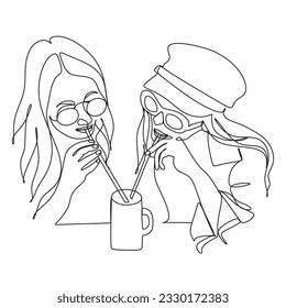 Girlfriends are always good together over coffee, on a trip, and over a glass of beer. One line illustration.Vector.