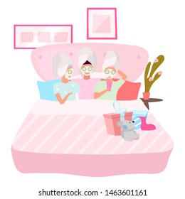 Girlfriends applying facial masks flat vector illustration. Slumber, sleepover party concept. Female best friends sleeping together in pajamas cartoon characters. Young women, teenagers, students