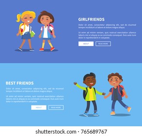 Girlfriends and best friends collection of banners. Vector illustration of young student with backpacks communicating with one another