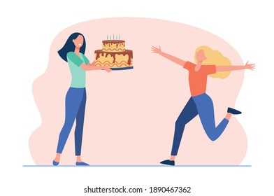 Girlfriends celebrating birthday. Cheerful girl getting huge cake with candles. Flat vector illustration. Celebration, bakery, confectionery concept for banner, website design or landing web page