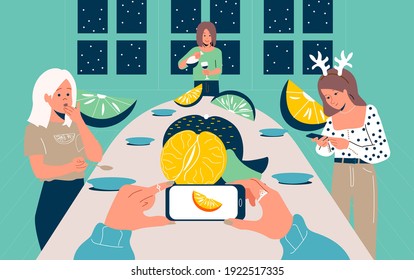 Girlfriends are celebrating the new year. Vector people eat many dishes at the festive table. Friends celebrate birthday at home. Vector tangerines. Friends forever
