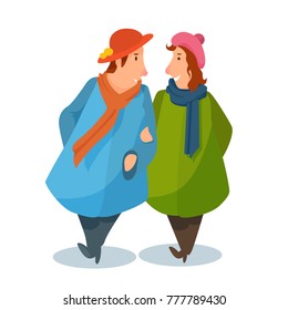 Girlfriends in a coat talking. Vector colorful cartoon funny flat style illustration.