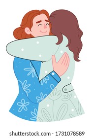 Girlfriends in colorful clothes.Emotions, after a long separation.Be mine.Hugging Day .Design for banner, posters, cards etc. Vector illustration.Flat cartoon vector illustration.