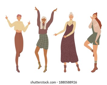 Girlfriends dance together. The four friends decided to spend time together dancing and having fun. Image on a white background. Vector illustration