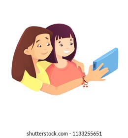 Girlfriends do selfie on a smartphone, cheerful mood, smile. Friendship day. Vector image in cartoon style isolated on white background.