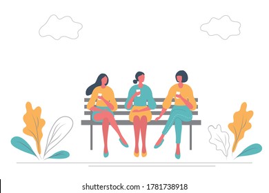 Girlfriends drink coffee on a bench in a park. Young women are chatting with each other. There are also plants and clouds in the picture. Flat style. Vector illustration