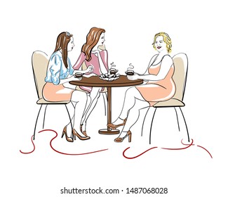 girlfriends drink coffee and talking at lunch at a table in a cafe linear stock vector illustration on white background