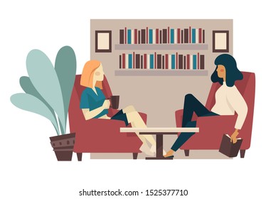 Freundinnen trinken Tee, sprechen oder lesen zusammen. Zwei Frauen verbringen gemütlichen Winterabend in der Bibliothek zu Hause, sitzen in Sesseln. Freundschaft verbindet Vergnügen und Entspannung im Inneren. Vektorgrafik.