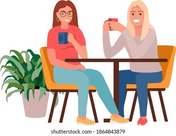 Girlfriends is drinking coffee in a cafe. Lunch break. Two girls. Vector flat illustration.