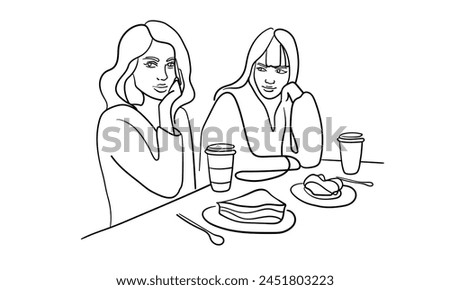 Girlfriends drinking coffee. Envy, resentment, gloating isolated on white background. Coffee line art drawing. Vector illustration