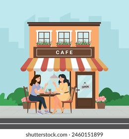 Girlfriends drinking coffee on cafe terrace in summer. City coffeehouse building with street tables and chairs.Women resting outside cafeteria. Vector illustration 