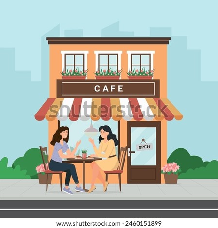 Girlfriends drinking coffee on cafe terrace in summer. City coffeehouse building with street tables and chairs.Women resting outside cafeteria. Vector illustration 