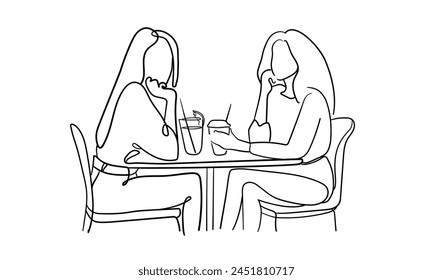 Girlfriends drinking coffee. Relaxztion isolated on white background. Coffee line art drawing. Vector illustration