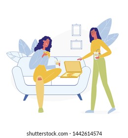 Girlfriends Eating Junk Food Flat Illustration. Best Friend Spend Time at Home, Enjoying Fastfood and Fizzy Drinks. Pizzeria Order on Sofa. Female Cartoon Vector Character Holding Pizza Piece