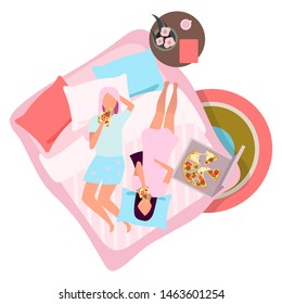 Girlfriends eating pizza flat vector illustration. Female best friends in pajamas on bed cartoon characters. Sleepover, slumber party concept. Young girls, women in sleepwear spending time together