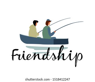 Girlfriends fishing on the same boat. Friendship inscription