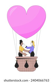 Novia flotando en globo aerostático personajes de dibujos animados lineales 2D. Amante pareja lesbiana aislada vectorial de línea gente de fondo blanco. Imagen de manchas planas de color de balanceo de fecha romántica