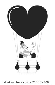 Novia flotando en globo aerostático personajes de dibujos animados en 2D en blanco y negro. Amar a la pareja de lesbianas aisladas de personas de contorno vectorial. Ilustración de punto plano monocromático de globo de fecha romántica