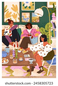 Novias reuniéndose en casa, tarot acogedor y fiesta de té. Las mejores amigas, las mujeres jóvenes disfrutan del ocio, la relajación. Las niñas pasan tiempo en el interior, relajándose en la sala de estar. Ilustración vectorial plana