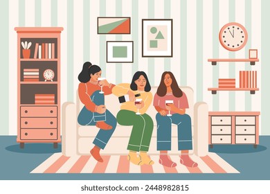 Girlfriends with glasses of wine at home against the background of a home interior. Lifestyle concept. Illustration, clipart, vector