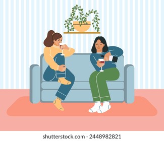 Girlfriends with glasses of wine at home against the background of a home interior. Lifestyle concept. Illustration, clipart, vector