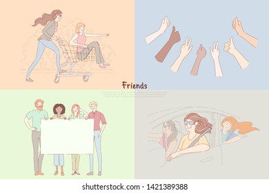 Girlfriends having fun, hands show thumbs up, people holding blank placard, girls on road trip, friendship banner