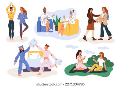 Girlfriends having fun. Joint friendly pastime. Cute girls do yoga. Face skin care. Pillow fight. Female relationships. Friends pajamas party. Park picnic. Women meeting