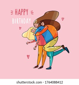 girlfriends hugging each other, holiday, fun, joy, funny games of people, festive mood of best friends. Bright silhouette to illustrate the page in social networks