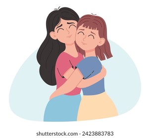 Girlfriends hugging, friendly hug, caring, illustration isolated on white svg