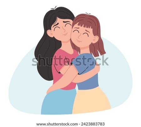 Girlfriends hugging, friendly hug, caring, illustration isolated on white