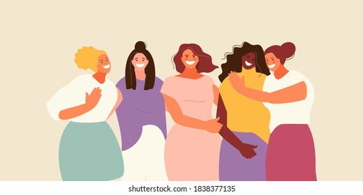 Novia abrazando a mujeres risas. Amistad y hermandad, solidaridad femenina y apoyo a la ilustración vectorial