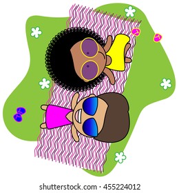 Girlfriends lying on the grass. Enjoy relaxing and having fun. Vector illustration for greeting card, web, magazines.