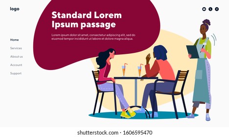 Girlfriends making order in restaurant. Cafe, drinks, waitress, free time flat vector illustration. Communication and leisure activity concept for banner, website design or landing web page.