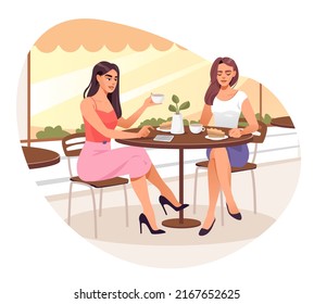 Girlfriends meeting in coffeehouse in morning. Girls drink coffee in a coffee shop. Girls talking, sitting at summer cafeteria terrace. Cartoon vector illustration.