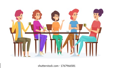 Girlfriends meeting. Cute women party, female with drinks talking and smiling. Isolated girls in cafe vector illustration