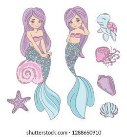 GIRLFRIENDS Mermaid Cartoon Travel Tropical Vector Illustration Set for Print, Fabric and Decoration.