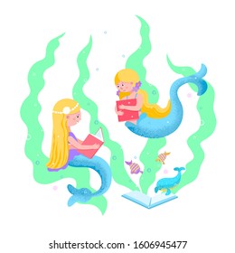 Girlfriends mermaids, dolphins and fish read books.