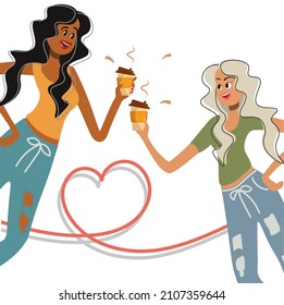 Girlfriends or mistresses drink coffee. Modern ladies with paper cups prefer coffee. Chin Chin. The concept of a healthy lifestyle, the refusal of alcohol, vector. Holiday card, banner, flyer.