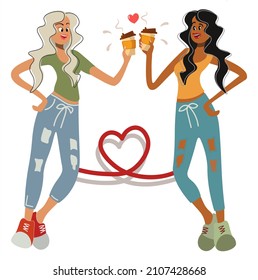 Girlfriends or mistresses drink coffee. Modern ladies with paper cups prefer coffee. Teenagers celebrate the holiday. The concept of a healthy lifestyle, the refusal of alcohol, vector. Card, banner.