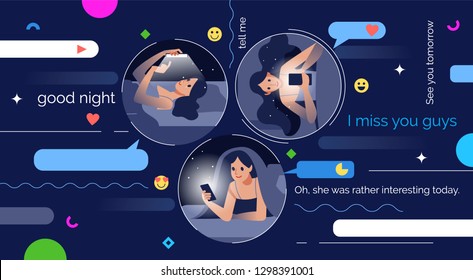 Girlfriends at night communicate with each other through social networks chatting online by making video call on phone, using video conferencing app for communication with distance friend