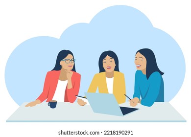 The girlfriend's office workers sit at the table and jokingly talk about work. Flat design. Vector illustration