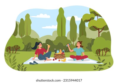 Girlfriends on picnic outdoor concept. Two women with food and water sit on blanket in clearing on sunny day. Fruits and vegetables, healthy food. Leisure on nature. Cartoon flat vector illustration