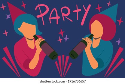 Girlfriends party. Young women in holiday caps drink alcohol from bottles and have fun. Celebration of a birthday. Bachelorette party. vector cartoon illustration