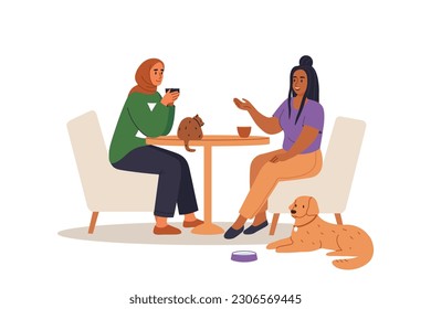 Girlfriends in pet-friendly cafe with cat and dog . Women talking and drinking. Flat vector illustration.