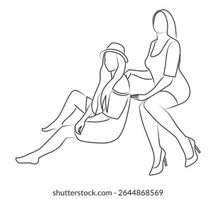 Girlfriends posing sitting, sketch of young figures