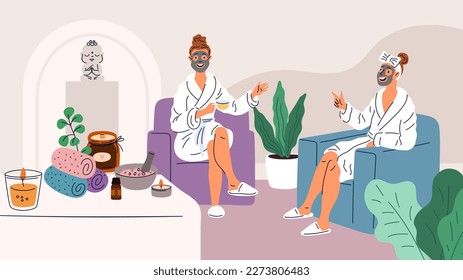 Girlfriends relax in spa. Women take skin care. People make cosmetic mask. Friends drinking herbal tea and having friendly conversation. Girls resting in armchairs