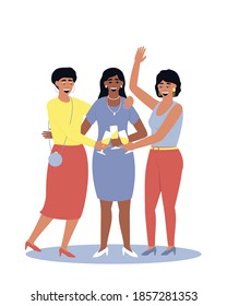 Girlfriends are relaxing at the holiday drinking Champagne. Three happy women are having fun at the party. Flat isolated vector illustration.