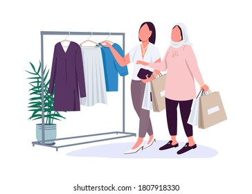 Novia comprando personajes de color plano vectorial sin rostro. Chicas shopaholic. Hobby de alivio de estrés. Ilustración de dibujos animados aislados de ropa emporium para diseño gráfico web y animación