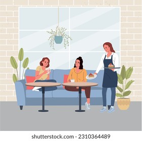 Girlfriends are sitting and drinking tea at cafe on the sofa. Waitress carrying tray. Vector flat style illustration